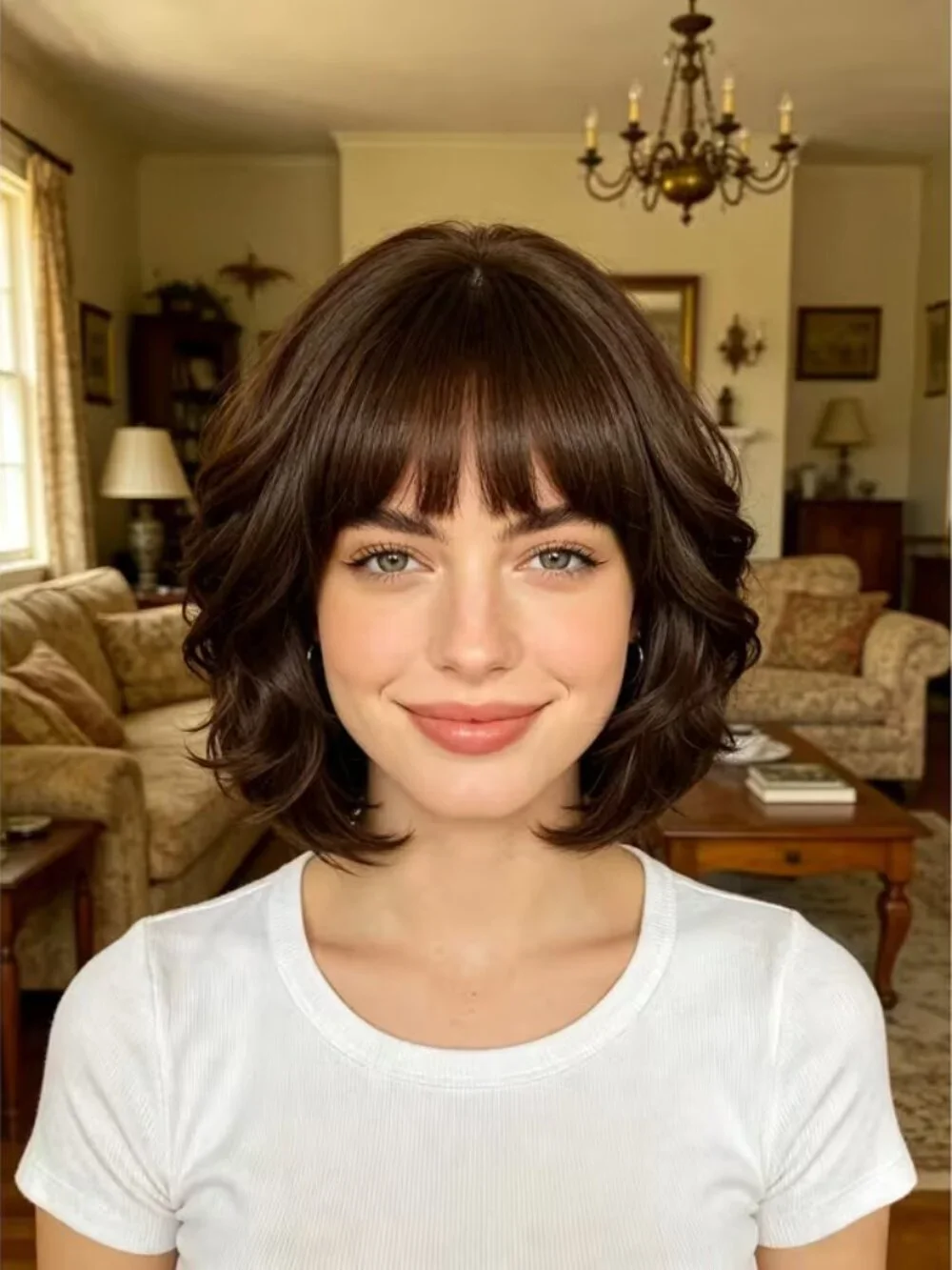 DAYS Coottro Short Bob Wig with Bangs Dark Brown Wavy Women’s Wig New